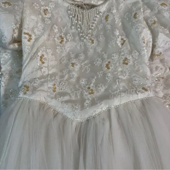 Vintage Ivory Tulle & Lace Flower Girl Dress with Rosette Back & Pearl Detail - Picture 3 of 16